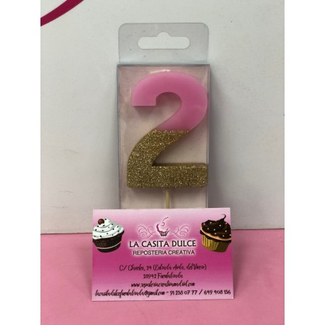 VELA Nº 2 ROSA Y ORO GLITTER
