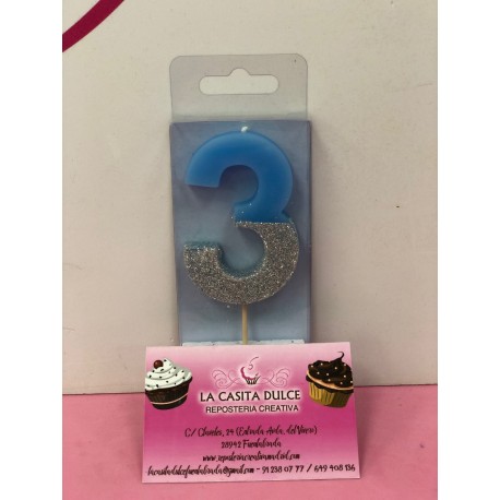VELA Nº 3 AZUL Y PLATA GLITTER