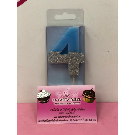 VELA Nº 4 AZUL Y PLATA GLITTER