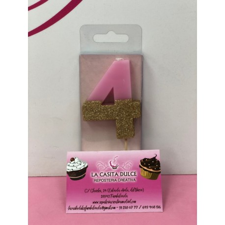 VELA Nº 4 ROSA Y ORO GLITTER