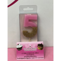VELA Nº 5 ROSA Y ORO GLITTER