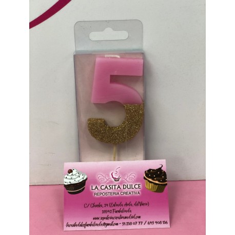 VELA Nº 5 ROSA Y ORO GLITTER