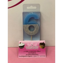 VELA Nº 6 AZUL Y PLATA GLITTER