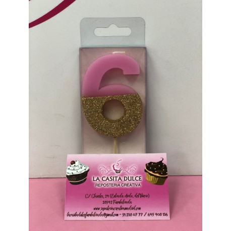VELA Nº 6 ROSA Y ORO GLITTER