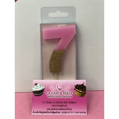 VELA Nº 7 ROSA Y ORO GLITTER
