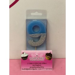 VELA Nº 9 AZUL Y PLATA GLITTER