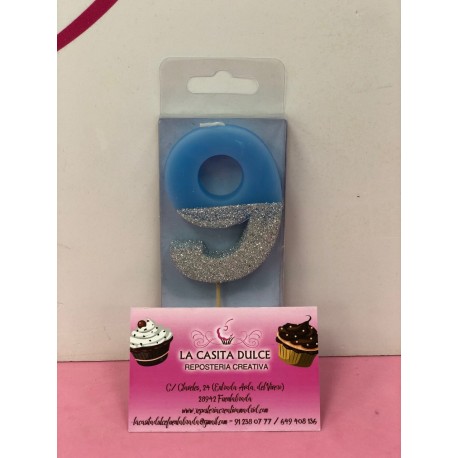VELA Nº 9 AZUL Y PLATA GLITTER