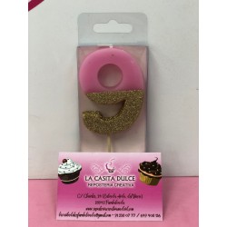 VELA Nº 9 ROSA Y ORO GLITTER