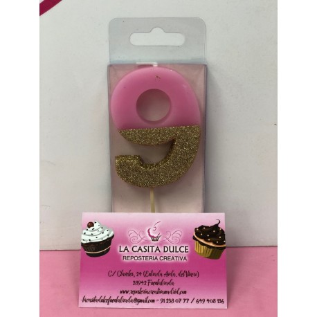 VELA Nº 9 ROSA Y ORO GLITTER